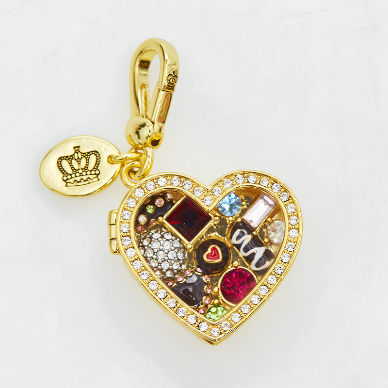 Enamel glazed chocolate gemstone transparent heart-shaped box with openable pendant